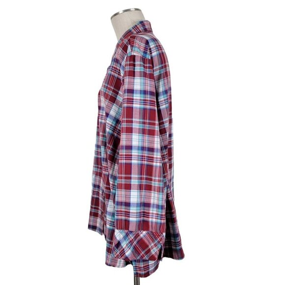 Chic Plaid Blouse Size 2X Button Front Sleeve Slit and Cuff Red Blue Vintage Y2K - Picture 2 of 15